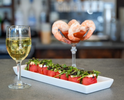 watermelon brie bites with wine and cocktail shrimp