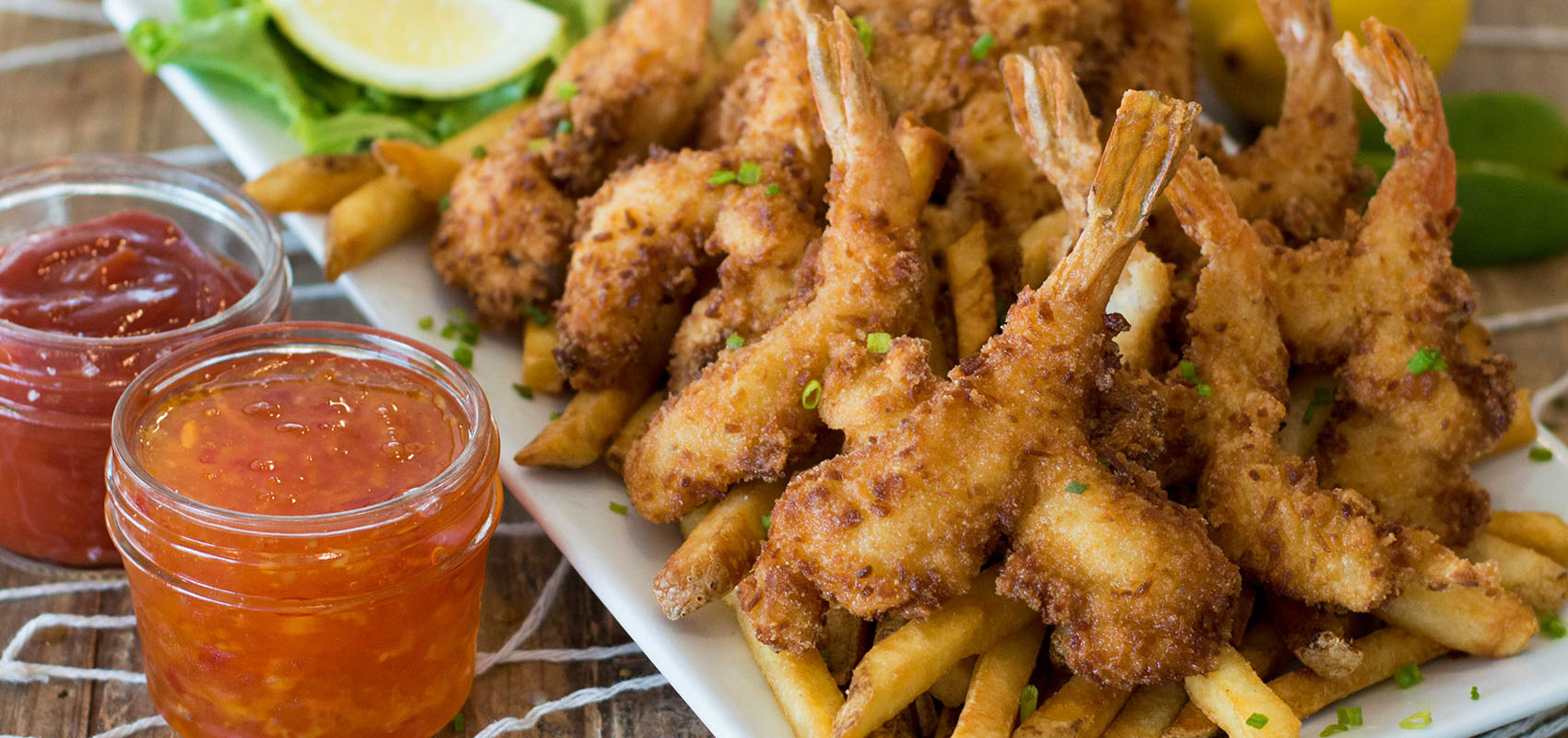fried coconut shrimp with fries